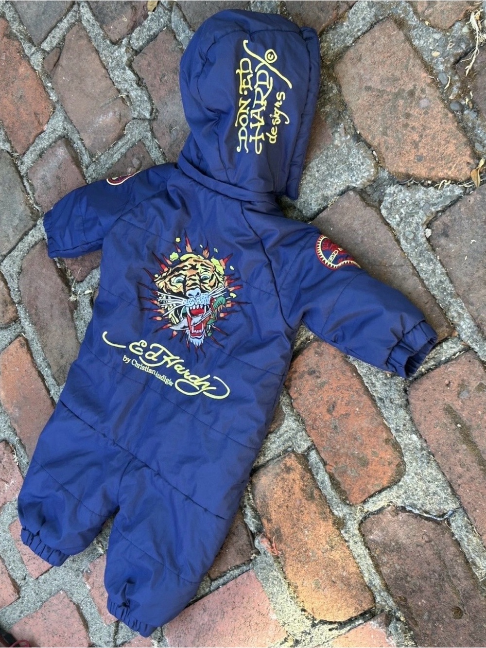 Ed Hardy Navy Snowsuit with Yellow Logo and Multicolor Tiger early 2000s Y2K
